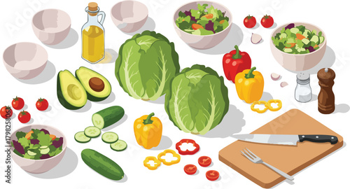 Isometric vector layout of ingredients for preparing a fresh, healthy salad
