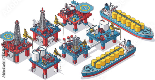Isometric vector set illustrating offshore oil industry infrastructure, including multiple drilling platforms, production sites, and large crude oil tanker ships
