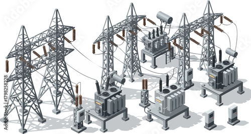 Isometric view of electric power transmission towers and transformers