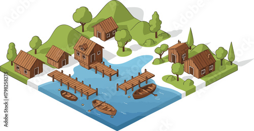 Isometric village with wooden houses, piers, and boats on a lake surrounded by green hills and trees