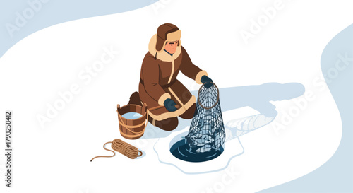 Man in warm winter gear ice fishing, retrieving a net full of fish from a hole in the frozen lake