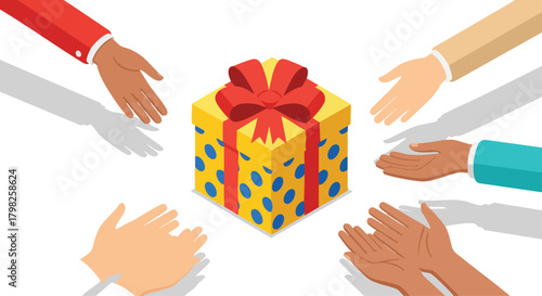 Multiple hands reach out towards a vibrant gift box, symbolizing sharing, generosity, and community in a positive, festive scene
