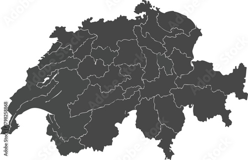 Simplified dark silhouette map of Switzerland showing internal cantonal divisions outlined in white on a clean background