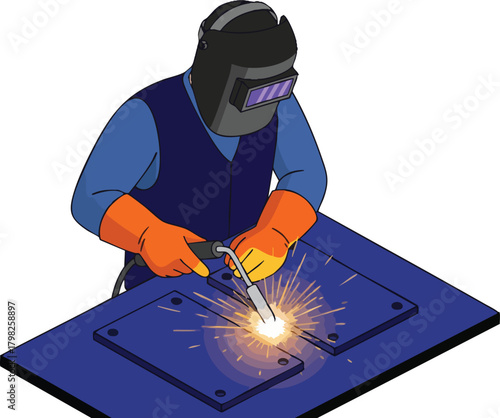 Skilled welder in protective gear performing arc welding, creating bright sparks on a metal surface