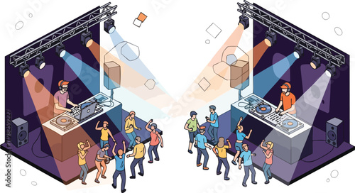 Two DJs playing music on turntables and laptops while a crowd dances energetically under colorful stage lights at a vibrant party