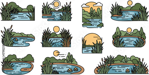 Vector set of wetland icons featuring ponds, swamps, and lakes surrounded by lush cattails and trees in a decorative flat line art style