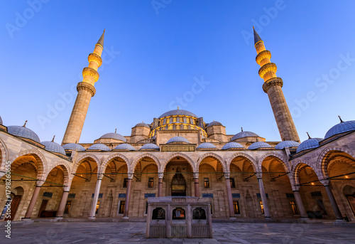 Grand dome and minarets of Suleymaniye Mosque in Istanbul, Turkey at sunset