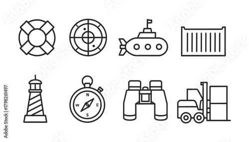 Maritime, Navigation, and Logistics Line Icon Set: Lifebuoy, Radar, Submarine, Shipping Container, Lighthouse, Compass, Binoculars, and Forklift Symbols