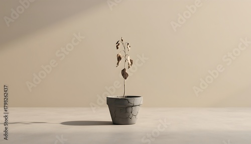 Single withered plant in a dry cracked pot on a beige background, symbolizing drought, lack of care, and fragile environmental conditions.