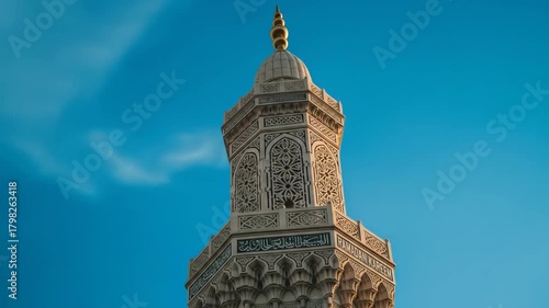 A detailed shot of an intricate minaret, with gold accents and geometric patterns against a blue sky