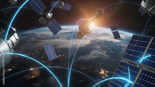 Satellites orbiting earth with visible connections and solar panels in space environment view