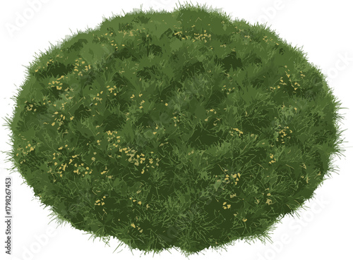 A digitally rendered isolated circular patch of lush green grass with small yellow wildflowers, perfect for landscape design and garden concepts