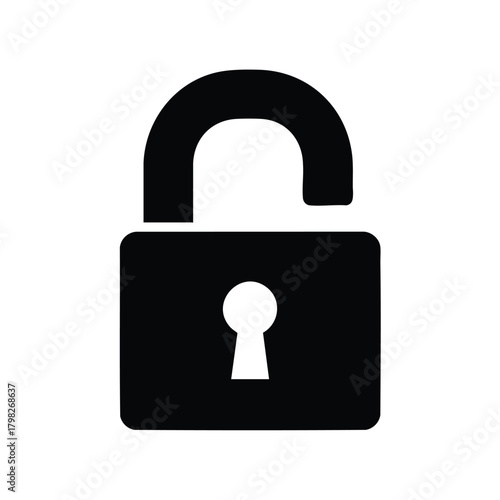 Black unlocked padlock icon representing security and access.
