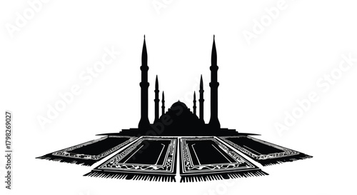 Elegant mosque silhouette surrounded by prayer mats, symbolizing Islamic faith and devotion.