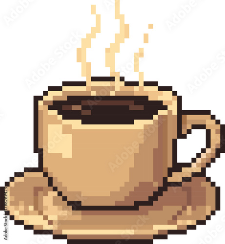 A cozy pixel-art illustration of a steaming coffee cup on a saucer. The warm tones and retro 8-bit style create a nostalgic, comforting atmosphere reminiscent of classic video games and cozy cafés.