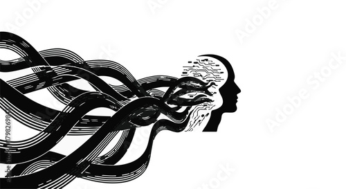 Abstract digital stream flowing into a human head silhouette, representing data and artificial intelligence.