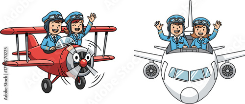 Cartoon boy and girl pilots flying vintage biplane and modern airplane together, cheerful aviation children characters, cute aviation illustration for education and travel themes