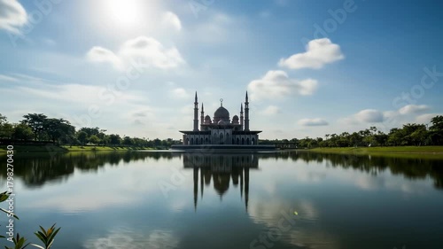 A grand mosque is reflected perfectly in a tranquil lake, under a sunlit blue sky