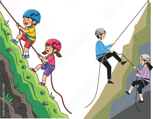 Children and adults enjoying exciting outdoor rock climbing and rappelling adventure on steep cliffs with safety gear, teamwork, motivation, and active lifestyle themes