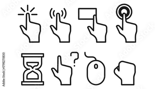 Interactive Gesture and UI Line Icon Set: Click, Tap, Hold, Drag, Hover, Question, Hourglass Loading, and Computer Mouse Symbols