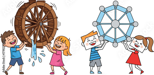 Happy children learning about wheel mechanisms through playful cartoon illustrations showing water wheel, ferris wheel model, teamwork, engineering concepts, creativity, fun educational activities