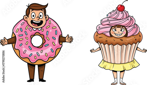 Funny cartoon kids dressed as donut and cupcake with colorful frosting, sweet food costumes, playful dessert characters, humorous illustration for fun themes