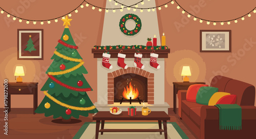 Celebrate the cozy Christmas season in a warm, inviting living room with a decorated tree, stockings by the fireplace, and delightful festive gifts