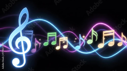 A colorful neon illustration of a treble clef and musical notes on a glowing sound wave
