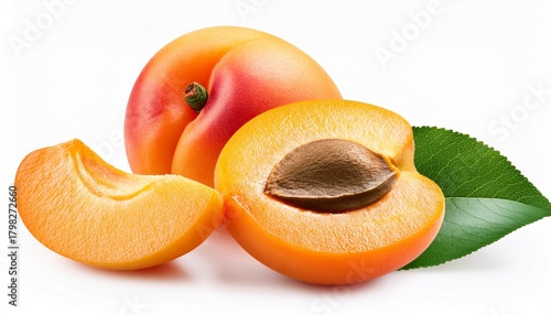 Ripe Apricot With Slice And Leaf Isolated White Background