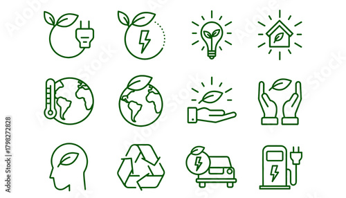 Ecology, Green Energy, and Environmental Protection Line Icon Set: Renewable Power, Electric Plug, Light Bulb, Eco Home, Climate Change, Recycling, and Electric Vehicle Symbols