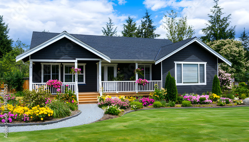 Modern small grey house with white trim, wooden porch, and landscaped garden. Features include lawn, flower beds, and trees under a blue sky with clouds. This cozy abode offers peaceful living