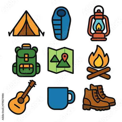 Colorful camping icons set featuring tent, backpack, campfire, and more