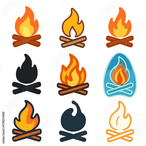 Variety of colorful campfire icons in different styles and hues