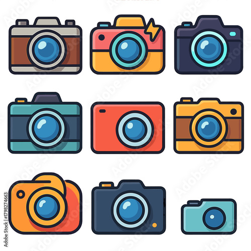 Colorful cartoon cameras collection in various styles and designs