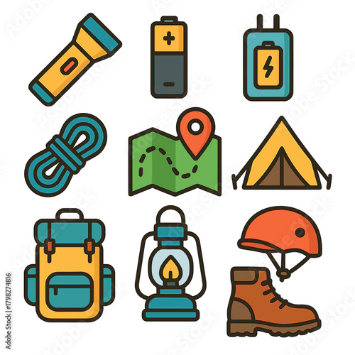 Camping essentials icons: backpack, tent, map, lantern, helmet, boot