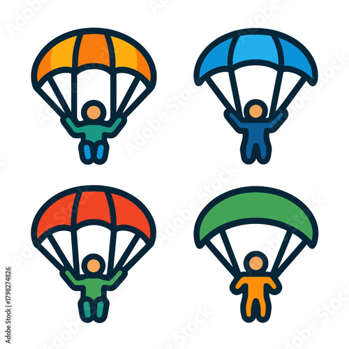 Colorful parachuting icons set on dark background