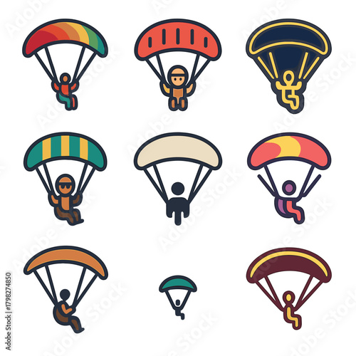 Diverse parachute icon set featuring colorful variants and unique designs