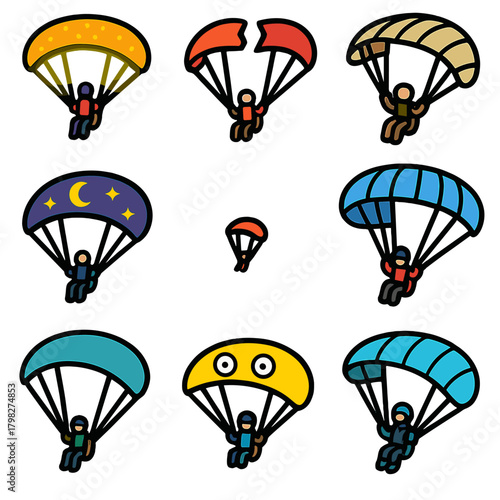 Colorful parachute icons in various designs on gradient background