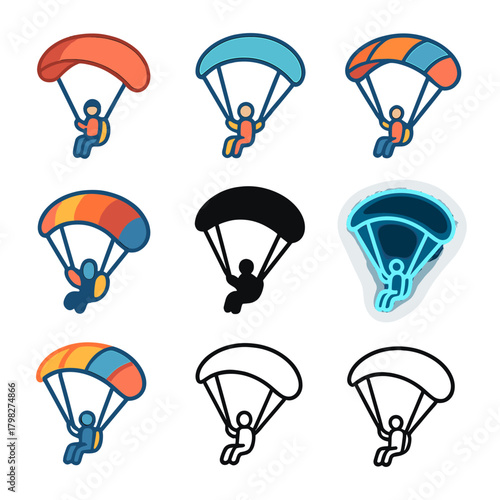 Colorful parachute icons set on gradient background for adventure themes