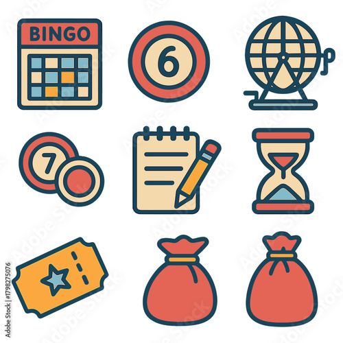 Colorful bingo and lottery icons set for games and events