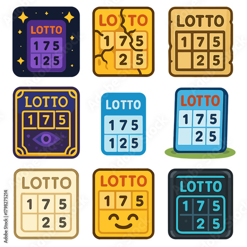 Colorful lottery ticket icons in various styles and backgrounds