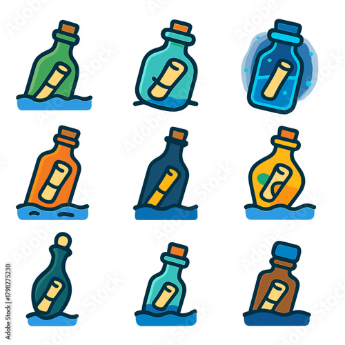 Colorful message in a bottle icons on gradient background