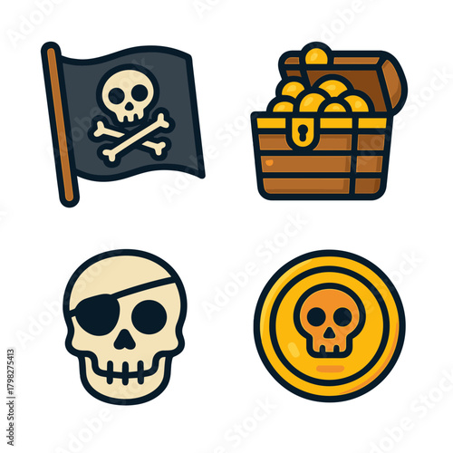 Pirate icons set featuring skull, treasure chest, flag, and coin with skull