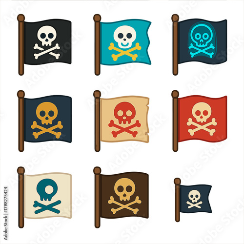 Colorful pirate flags with skulls and crossbones on various backgrounds