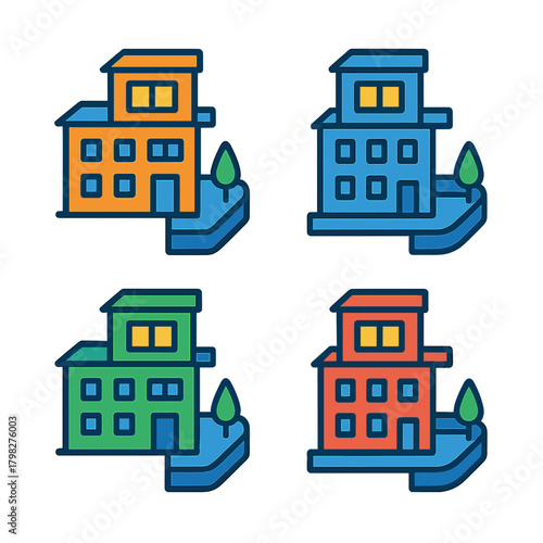 Colorful geometric houses with trees in vibrant night design