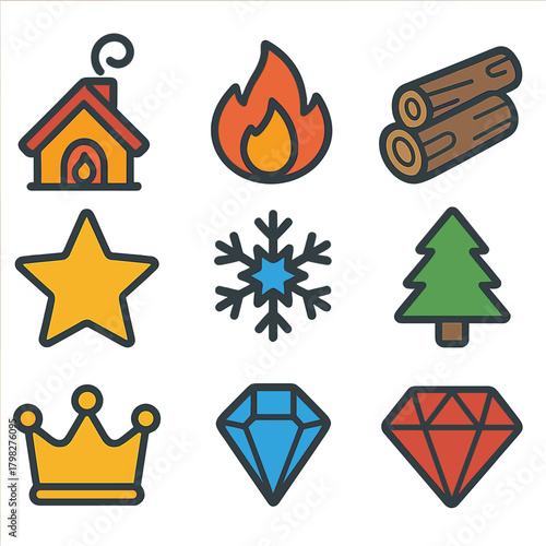 Cozy winter symbols: fire, snowflake, cabin, logs, star, tree, crown, gems