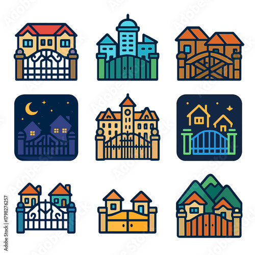 Set of colorful mansion and cityscape icons with decorative gates