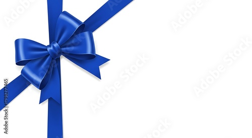 Elegant royal blue ribbon and bow on white background with copy space