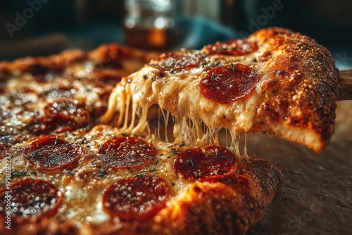 A delicious slice of pepperoni pizza being lifted, showing the stringy melted cheese