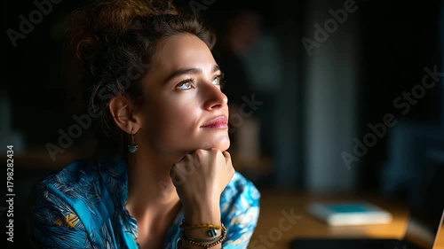 Wallpaper Mural Thoughtful woman working with tablet at wooden desk in home office, under soft natural light highlighting focus and reflection, serene workplace scene, calm desk lighting, with cop Torontodigital.ca
